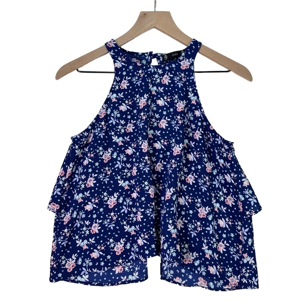 IRIS Navy Blue Pink White Floral High Neck Flowy Fit Sleeveless Blouse Top Small